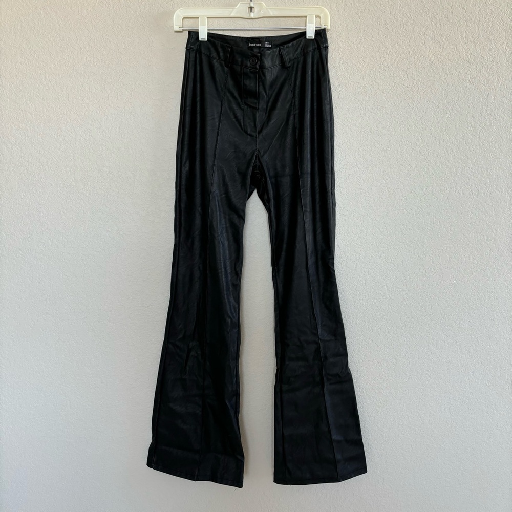 faux leather high waisted flared leather pants black womens size 2 - Picture 2 of 5